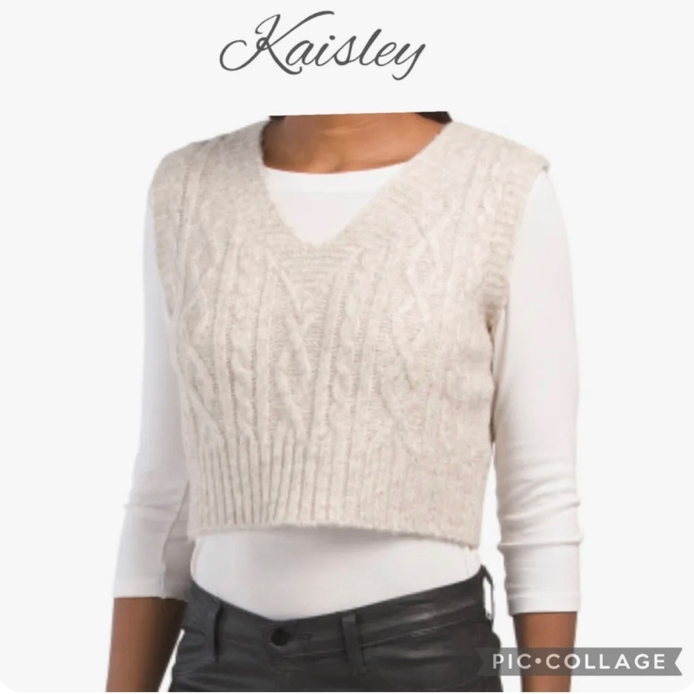 Kaisley v neck cropped cable knit sweater vest beige size M NWT